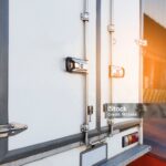 Steel door with security lock of a truck cargo parking