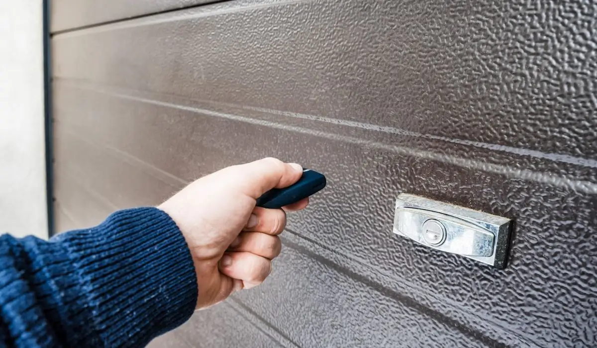 Hand using a garage door remote in front of a closed residential garage.