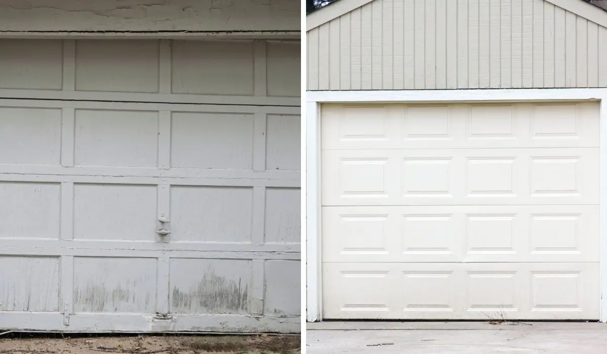 Old damaged garage door beside newly replaced white door showing panel wear and replacement result comparison.