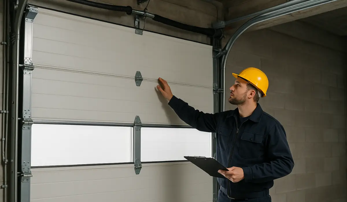 Technician performing commercial garage door maintenance inspection on overhead door at industrial warehouse facility.