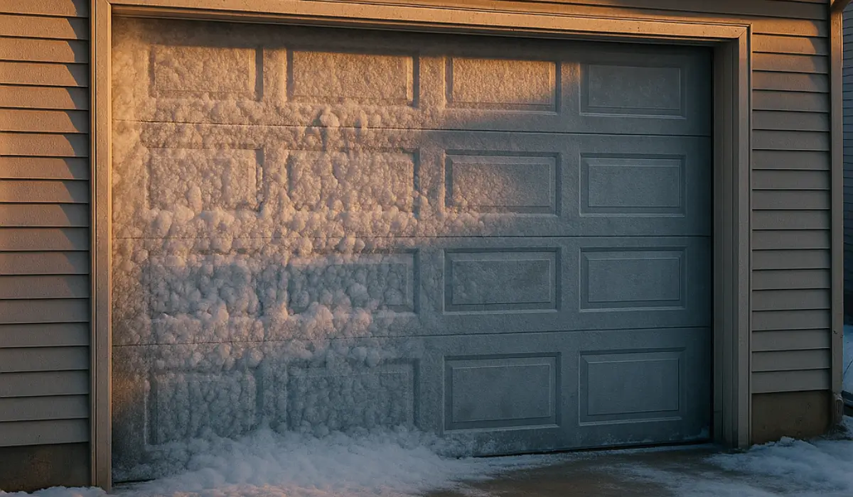 Frozen garage door freezing caused by ice buildup sealing threshold during Midwest winter morning conditions outside