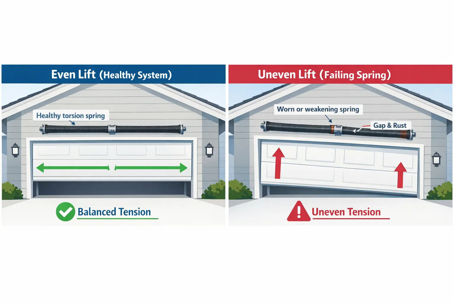 Split diagram showing balanced lift and uneven lift caused by failing garage door spring tension.