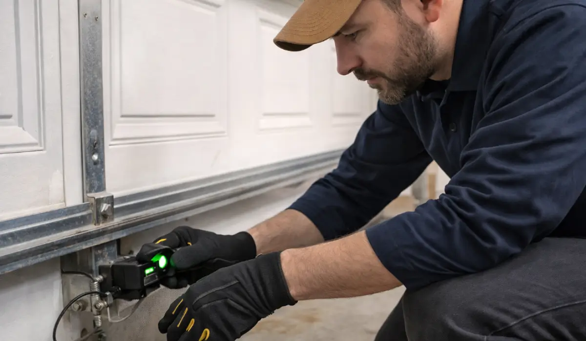 Technician adjusting garage door sensor alignment near bottom track to restore safe automatic garage door closing operation.