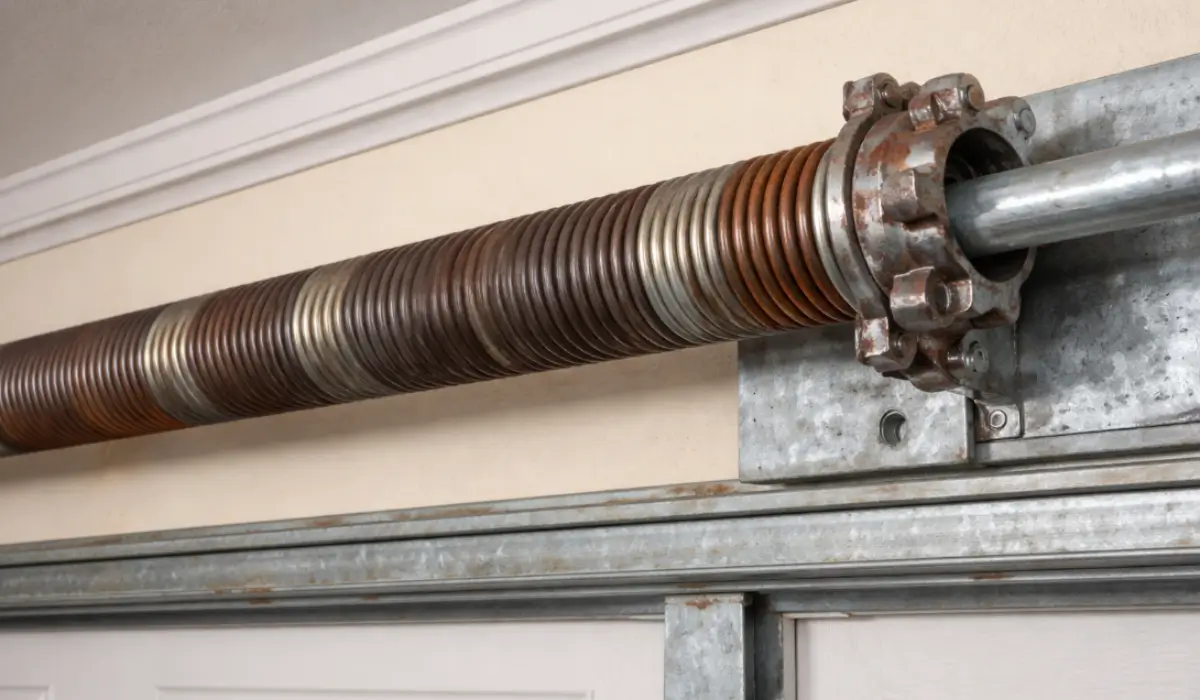 Rust forming on residential garage door spring above entry showing corrosion and tension wear warning signs.