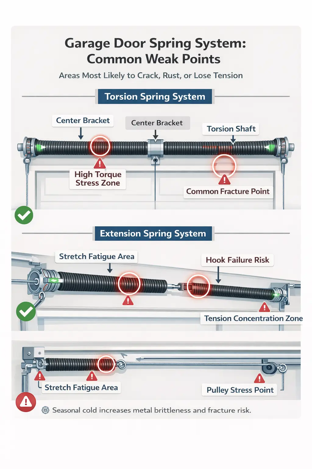 Diagram highlighting garage door spring weak points including torsion stress zones and extension fatigue areas.