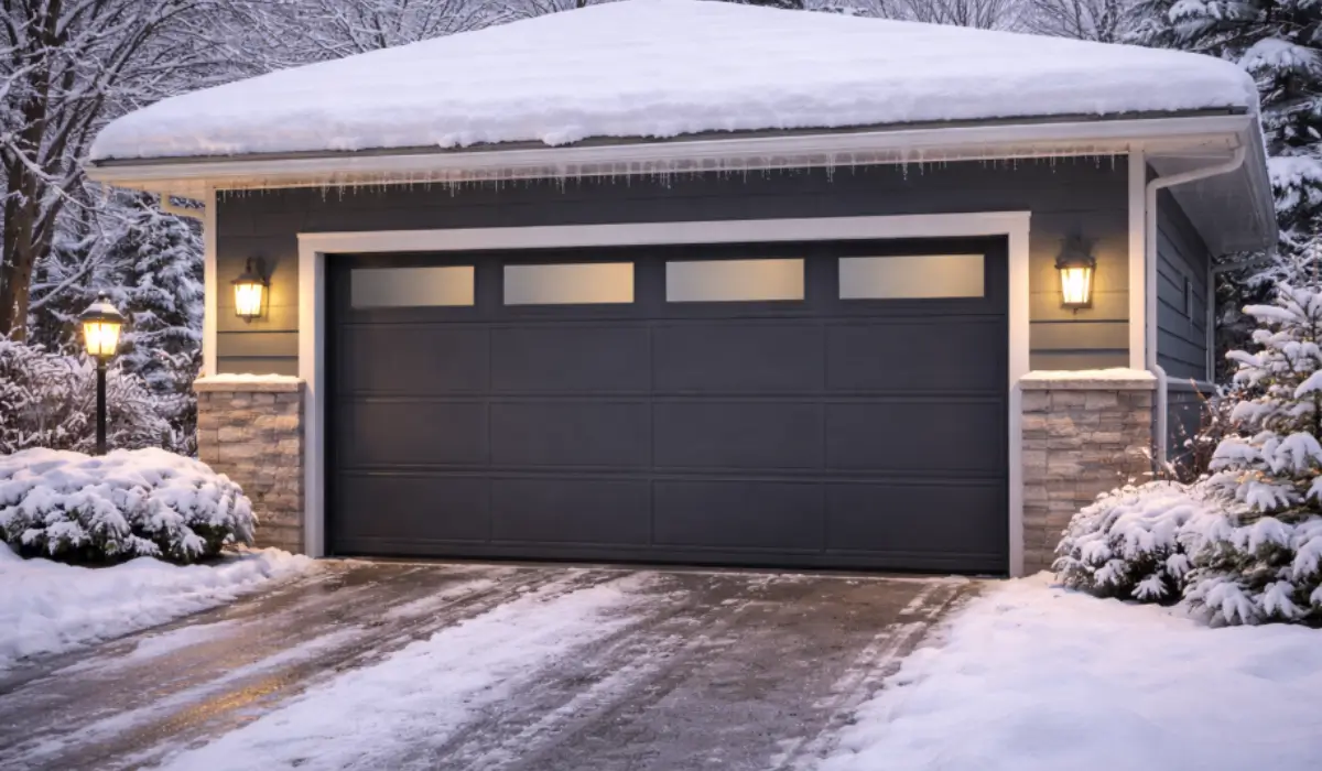 Black modern garage door replacement installed in snowy driveway with sealed frame and energy-efficient panels.