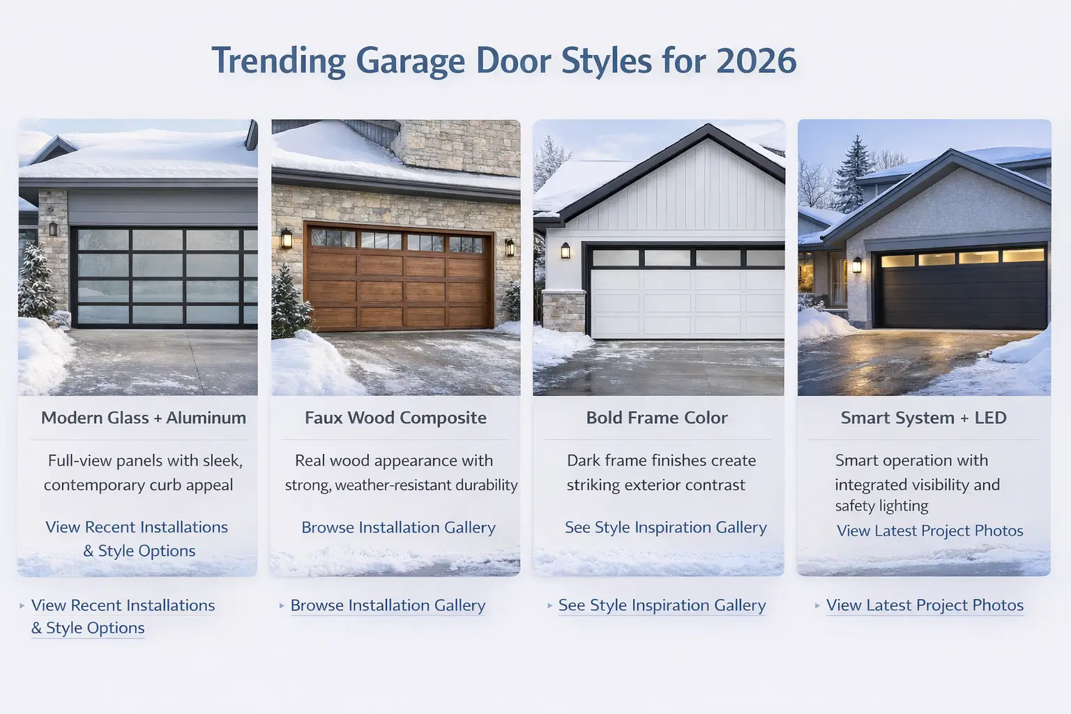 Four trending garage door replacement styles shown for 2026 featuring modern, durable, and smart designs.