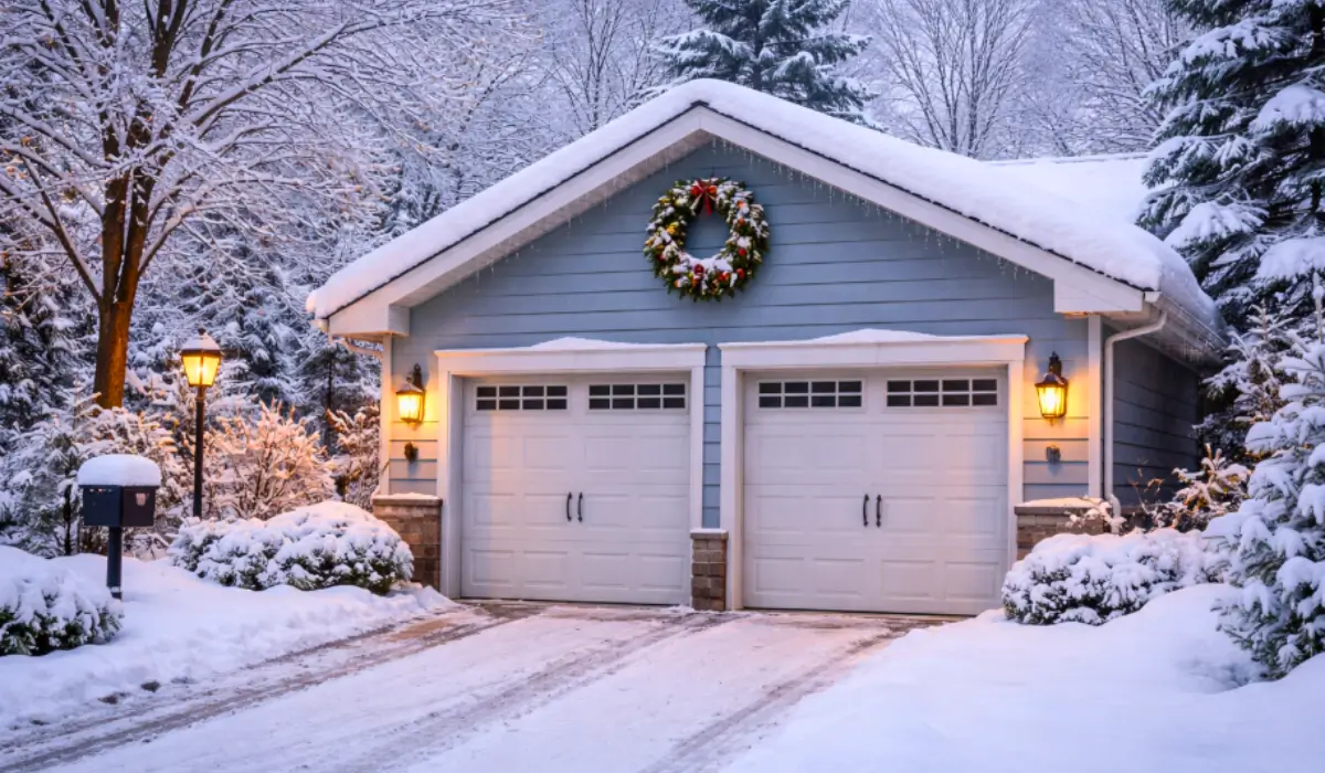 Snow covered home showing garage door failures during freezing winter temperatures affecting door operation reliability
