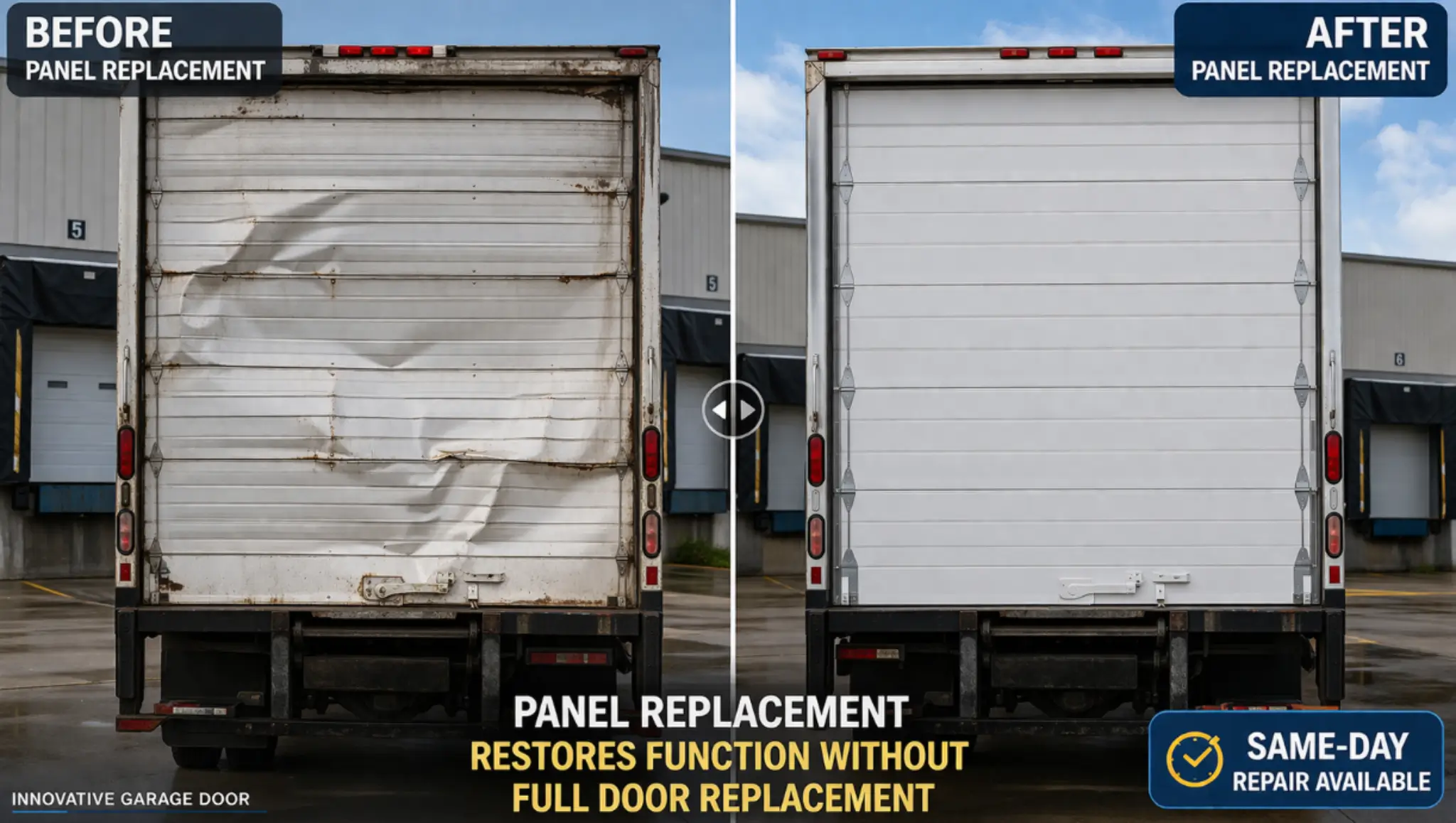 Before and after box truck door panel replacement showing damaged panels replaced with smooth aligned panels.