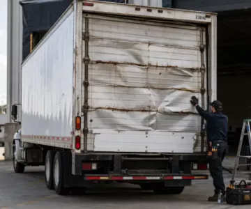 Box truck door partially open with visible damage and technician inspecting interior for repair and maintenance needs.
