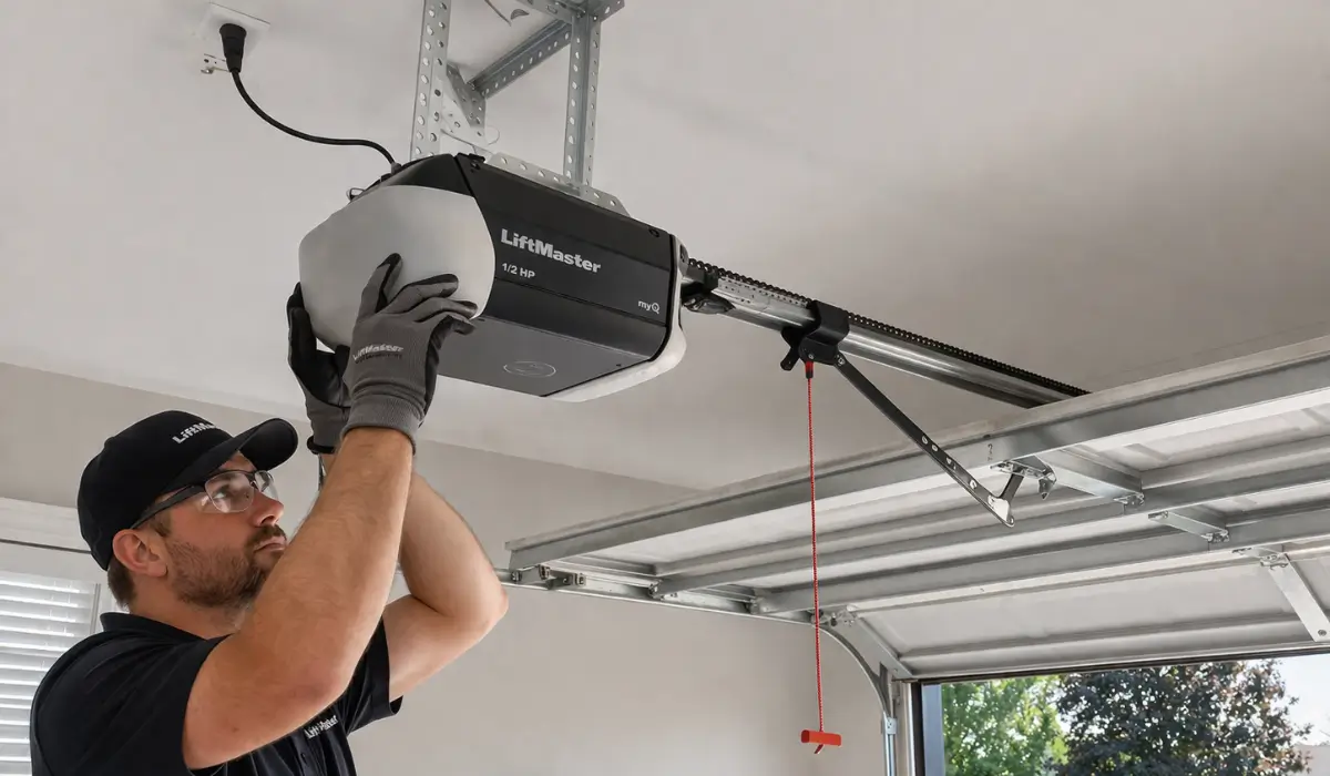 Garage door technician installing a LiftMaster opener system during a repair or replace garage door service inside a residential garage.