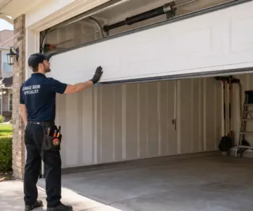 Garage door safety check showing technician lifting door halfway to inspect balance and safe operation outdoors.
