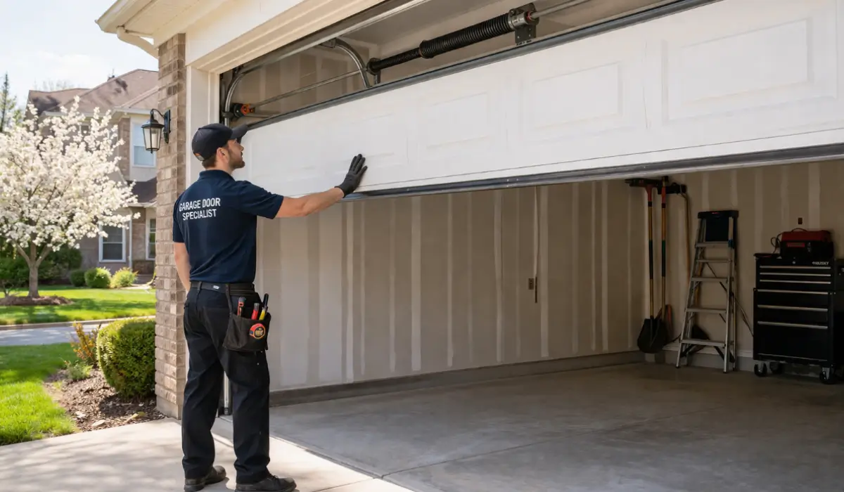Garage door safety check showing technician lifting door halfway to inspect balance and safe operation outdoors.