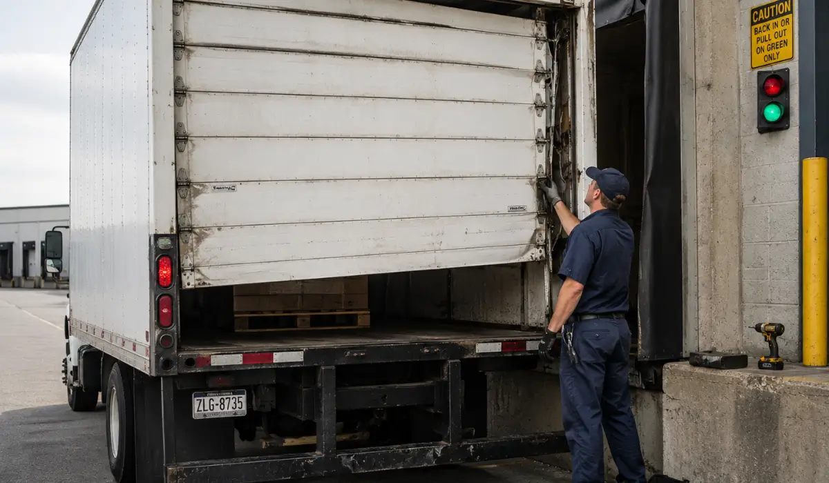 Box Truck Door stuck beside loading dock while technician inspects damaged cargo door components.