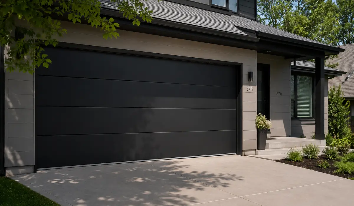 Garage Door Design Trends featuring modern black flush-panel garage door on contemporary suburban home exterior