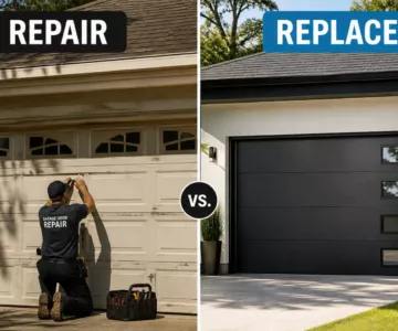 Repair or Replace Your Garage Door concept shown in a split image with a technician fixing an old garage door on one side and a modern black garage door replacement on the other.