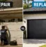 Repair or Replace Your Garage Door concept shown in a split image with a technician fixing an old garage door on one side and a modern black garage door replacement on the other.