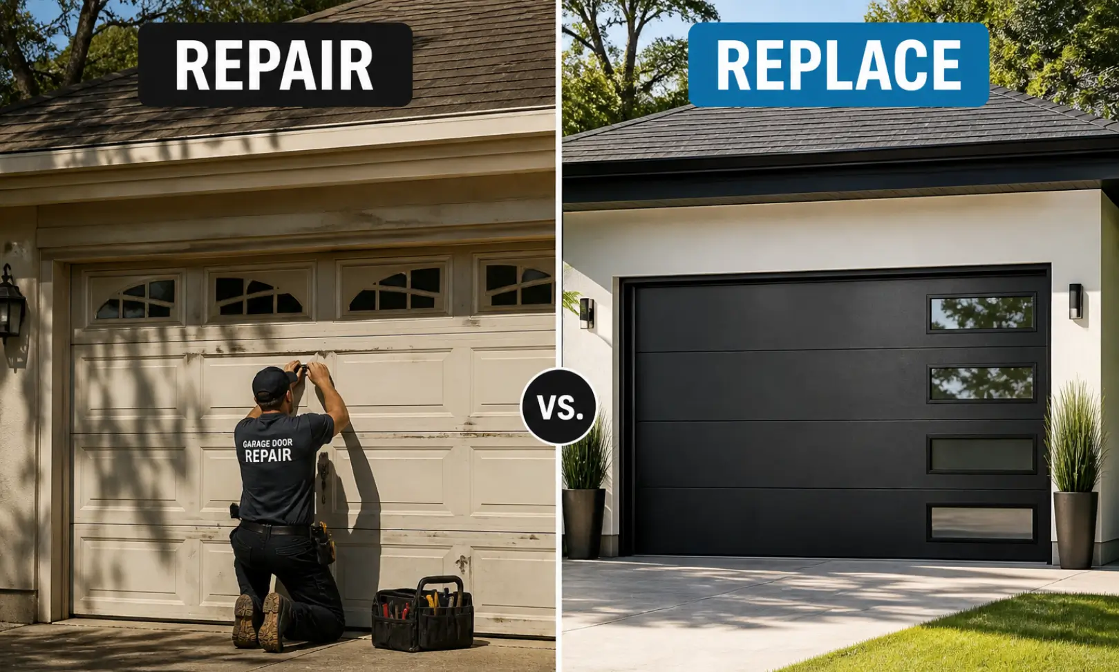 Repair or Replace Your Garage Door concept shown in a split image with a technician fixing an old garage door on one side and a modern black garage door replacement on the other.