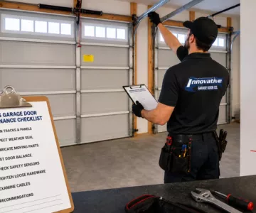 Garage door technician performing spring garage door maintenance checklist in Woodridge inspecting tracks, springs, and components safely.