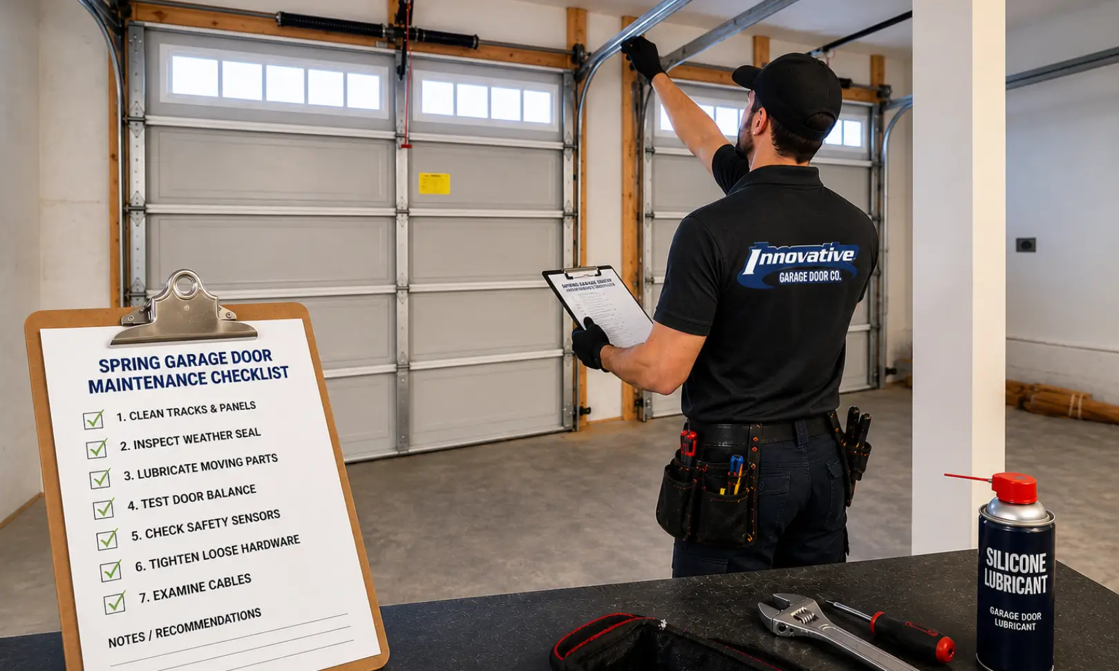 Garage door technician performing spring garage door maintenance checklist in Woodridge inspecting tracks, springs, and components safely.