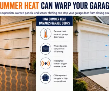 Summer Heat Damages Garage Doors causing warped panels, track expansion, sensor issues, and uneven operation problems.