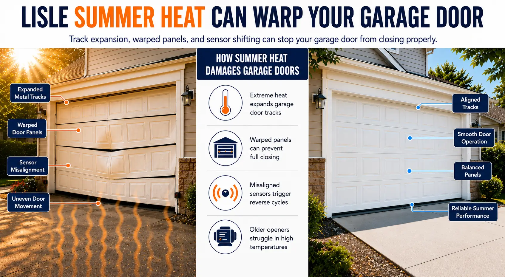 Summer Heat Damages Garage Doors causing warped panels, track expansion, sensor issues, and uneven operation problems.