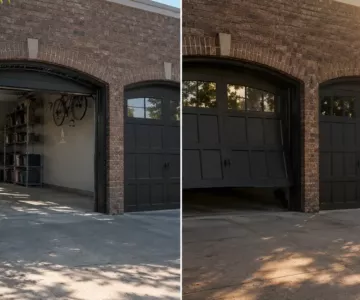 Featured image showing how Garage Doors Fail During Heatwaves, with a garage operating normally in the cool morning and experiencing added strain during a realistic hot summer afternoon in an Illinois neighborhood.