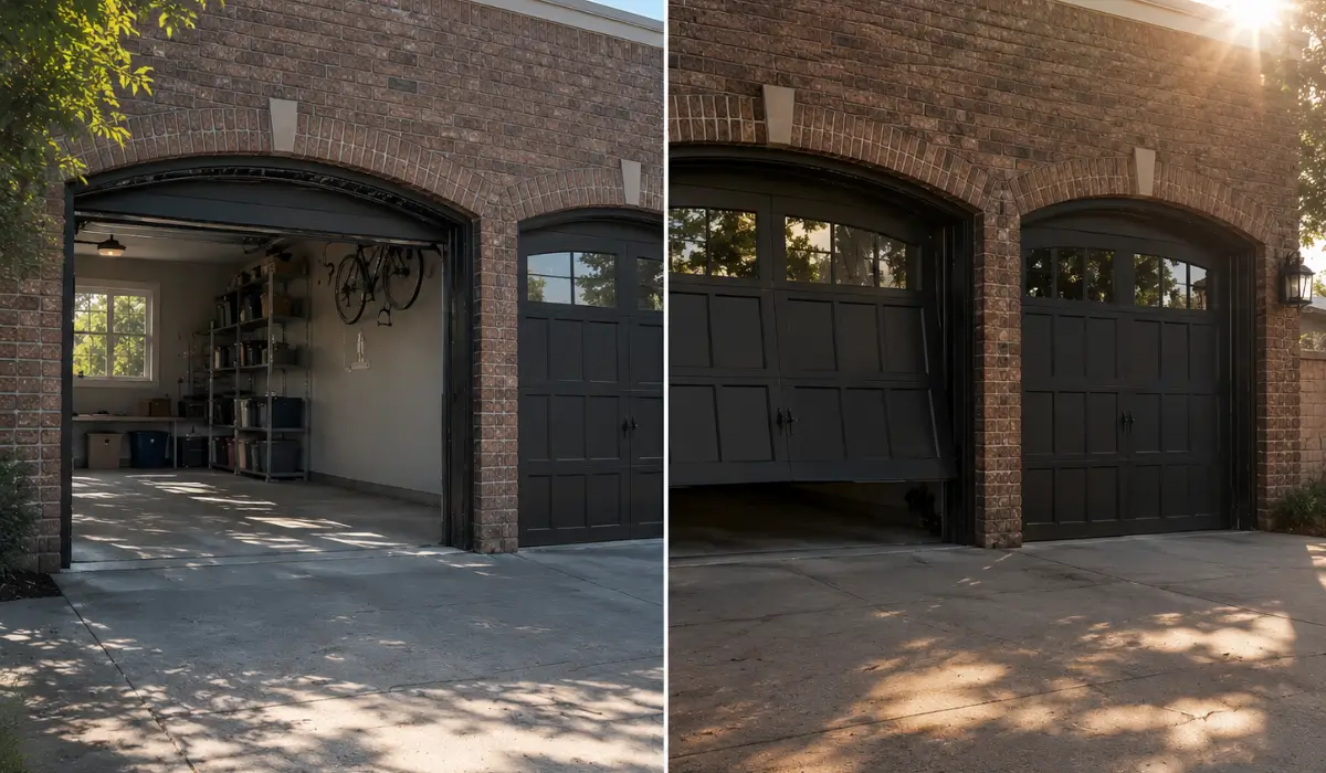 Featured image showing how Garage Doors Fail During Heatwaves, with a garage operating normally in the cool morning and experiencing added strain during a realistic hot summer afternoon in an Illinois neighborhood.