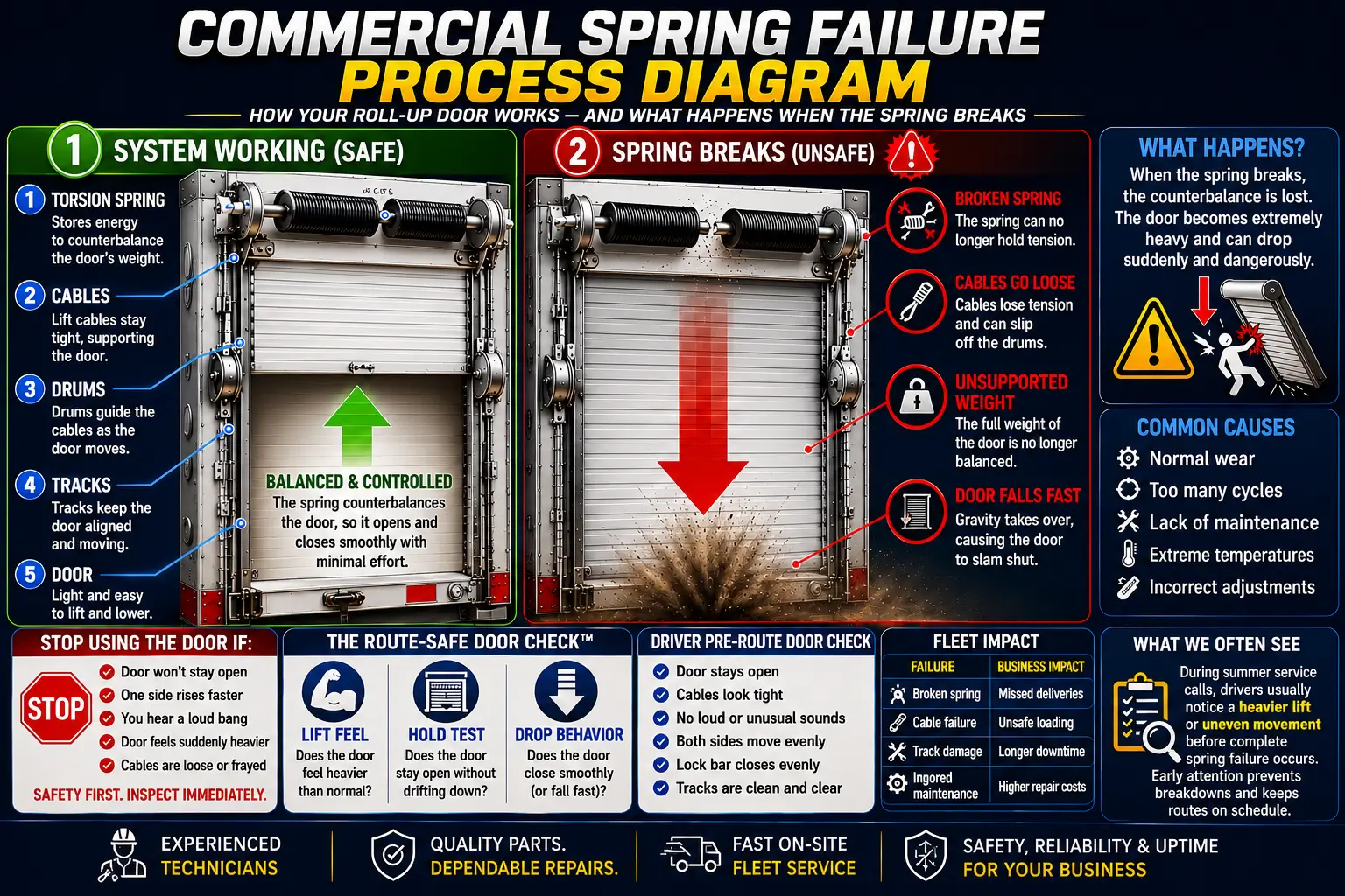 Box Truck spring failure diagram showing how torsion springs, cables, drums, and tracks work together, and how a broken spring causes the commercial roll-up door to lose support and slam downward.