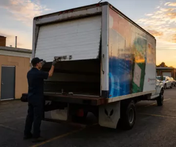 Technician inspecting a partially opened Box Truck rear roll-up door during a spring failure diagnosis at a commercial loading area.
