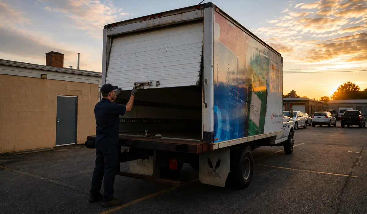 Technician inspecting a partially opened Box Truck rear roll-up door during a spring failure diagnosis at a commercial loading area.