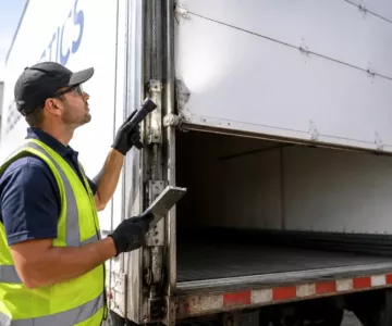 Commercial technician performing a box truck roll-up door repair inspection by checking the lift cables, rollers, and track at a loading dock before a summer delivery route.