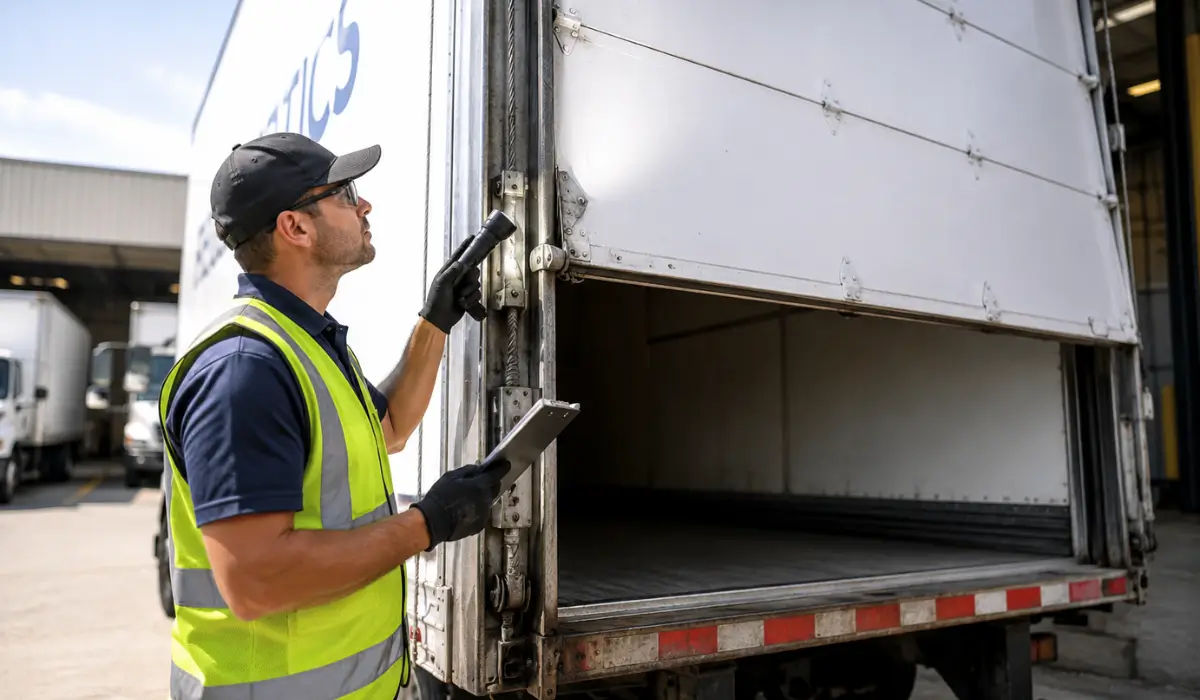 Commercial technician performing a box truck roll-up door repair inspection by checking the lift cables, rollers, and track at a loading dock before a summer delivery route.