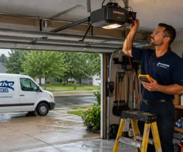 Technician inspecting a Garage Door Opener after a summer storm at a residential home to diagnose electrical or mechanical issues.