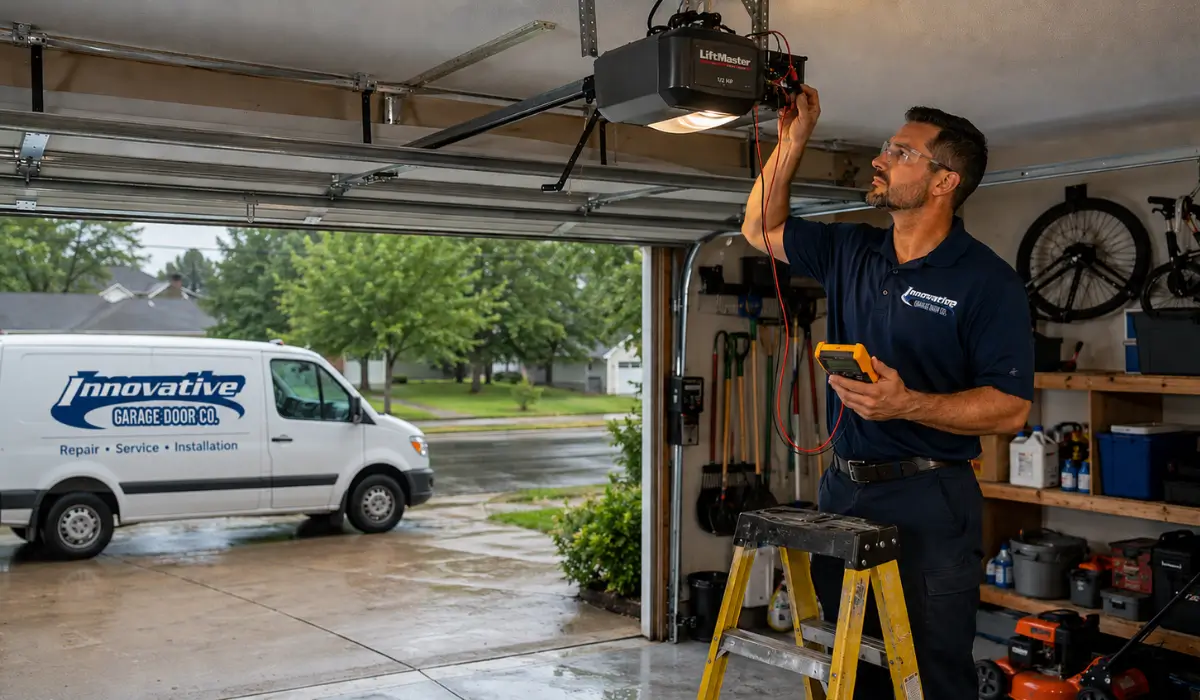 Technician inspecting a Garage Door Opener after a summer storm at a residential home to diagnose electrical or mechanical issues.