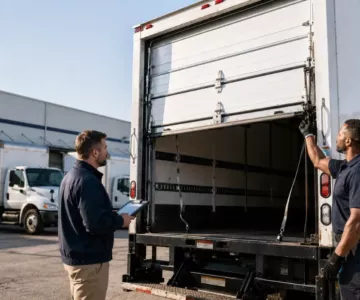 Technician checking box truck door issues during a fleet inspection at a commercial loading facility