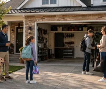 Family with a child, teen, and dog standing safely outside an open garage during a back-to-school garage door safety inspection.