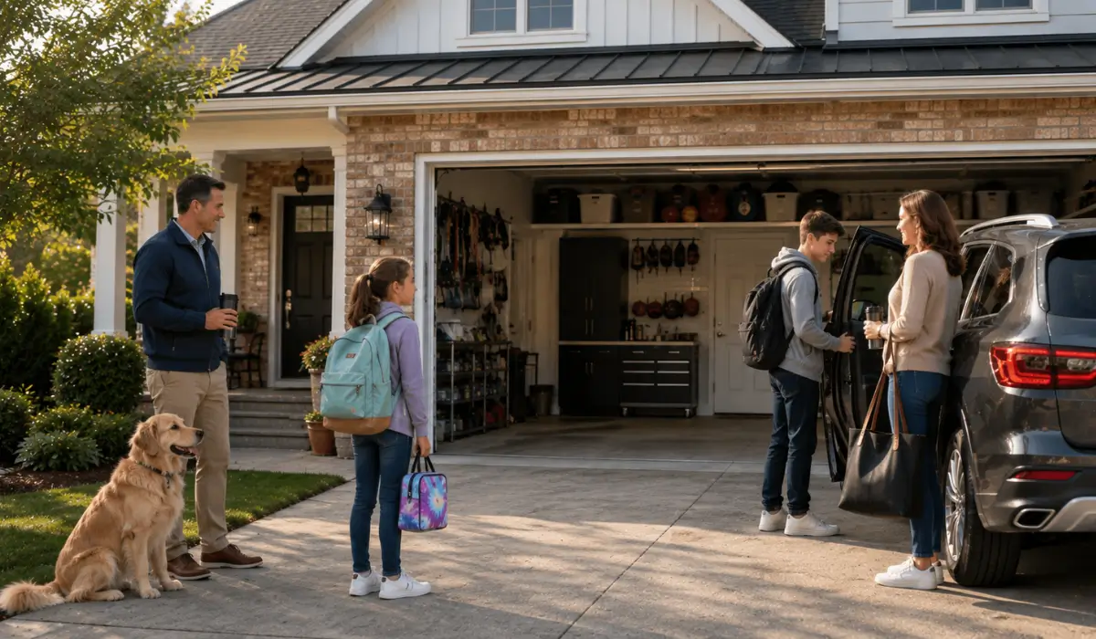 Family with a child, teen, and dog standing safely outside an open garage during a back-to-school garage door safety inspection.