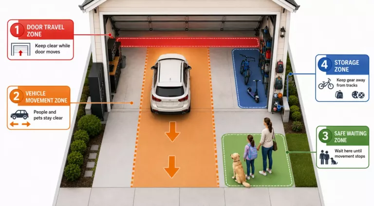 Garage door safety inspection diagram showing the door travel zone, vehicle path, safe waiting area for a parent, child and dog, and storage zone.