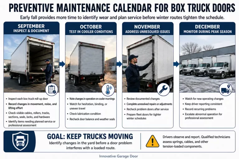 Box truck doors preventive maintenance calendar showing fall inspections, cold-weather testing, repairs, and peak-season monitoring tasks.