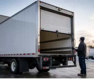 Fleet technician inspects box truck doors on a cold morning before vehicles begin scheduled winter delivery routes.