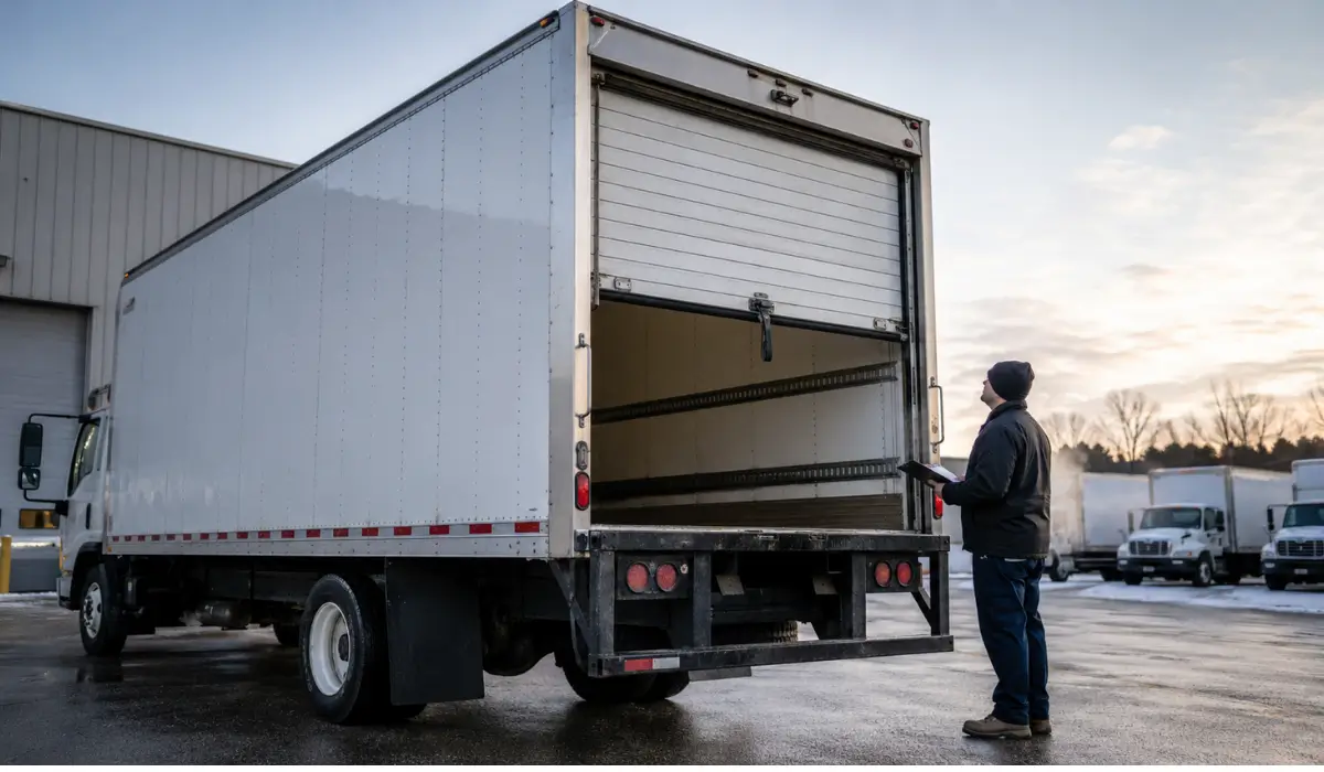 Fleet technician inspects box truck doors on a cold morning before vehicles begin scheduled winter delivery routes.