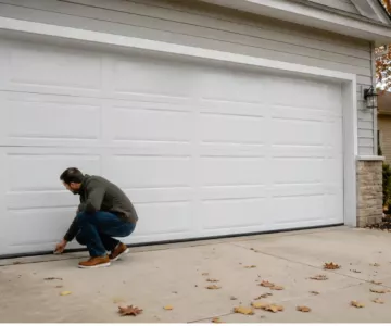 Homeowner performing fall garage door maintenance by inspecting the bottom weather seal before winter weather arrives.
