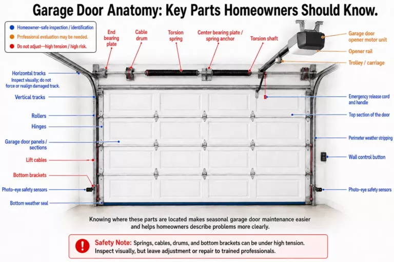 Garage door maintenance anatomy diagram showing springs, cables, rollers, tracks, opener, safety sensors, and weather seals.